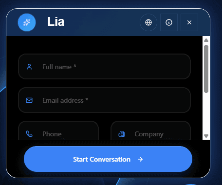 O widget de chat da LIA pedindo nome, e-mail, telefone e empresa antes de iniciar uma conversa.
