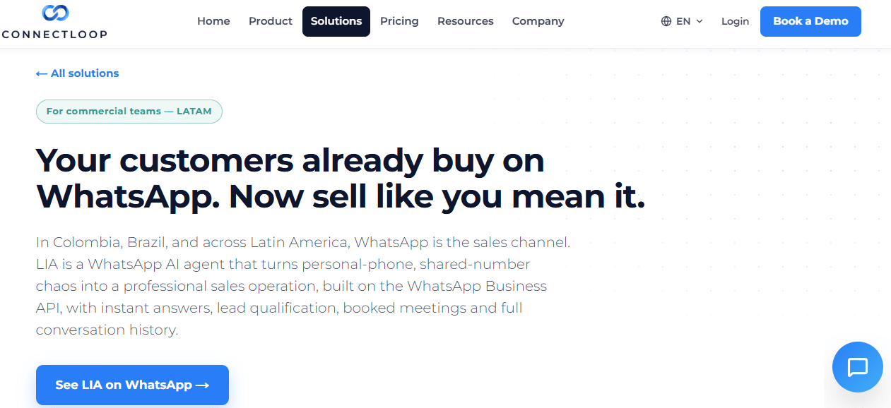 A página de vendas por WhatsApp da ConnectLoop: na Colômbia, no Brasil e em toda a América Latina, o WhatsApp é o canal de vendas, e a LIA roda sobre a API do WhatsApp Business.